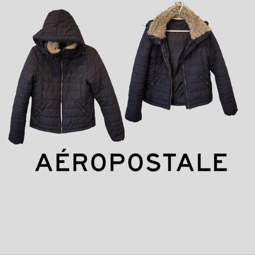Aeropostale Kid's Girl's Black Faux Fur Hooded Puffer Coat Jacket Size M 10/12